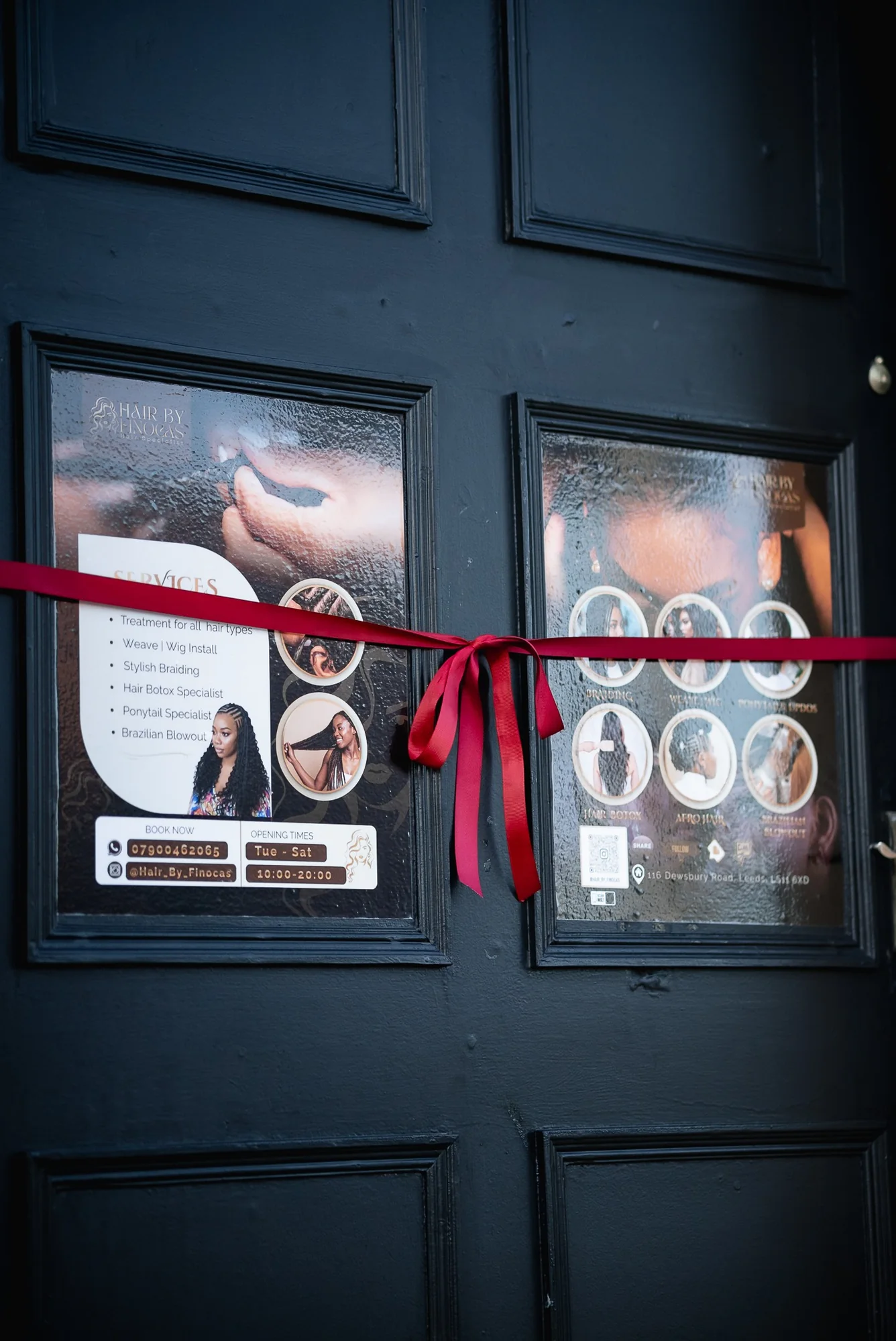 Hair by Finocas black salon door